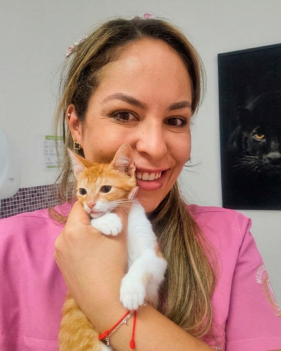 Veterinária com gatinho laranja
