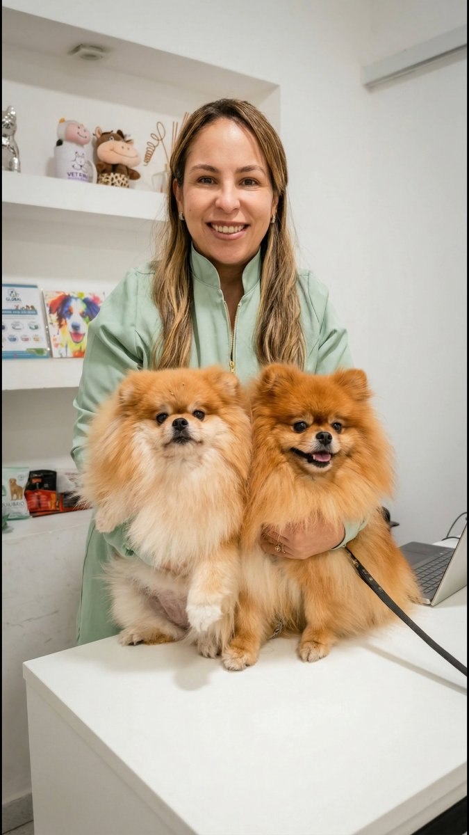 Veterinária com dois spitz